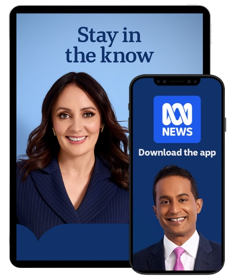 A tablet and phone screen display the faces of ABC presenters Bridget Brennan and Jeremy Fernandez with the ABC NEWS logo. Text reads: Stay in the know, download the app.